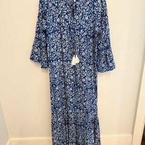 NWT Pomegranate Blue Floral Maxi Peasant Dress with Tassel Tie, size Small